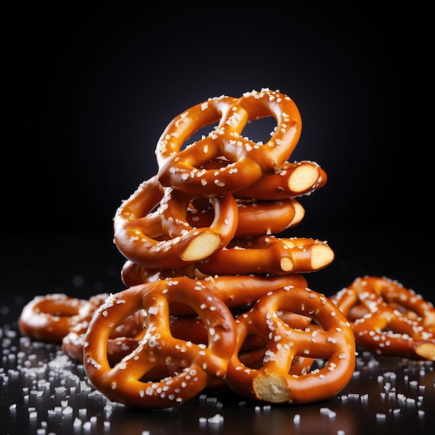 Verse knapperige pretzels met zout op de donkere achtergrond Generatieve AI