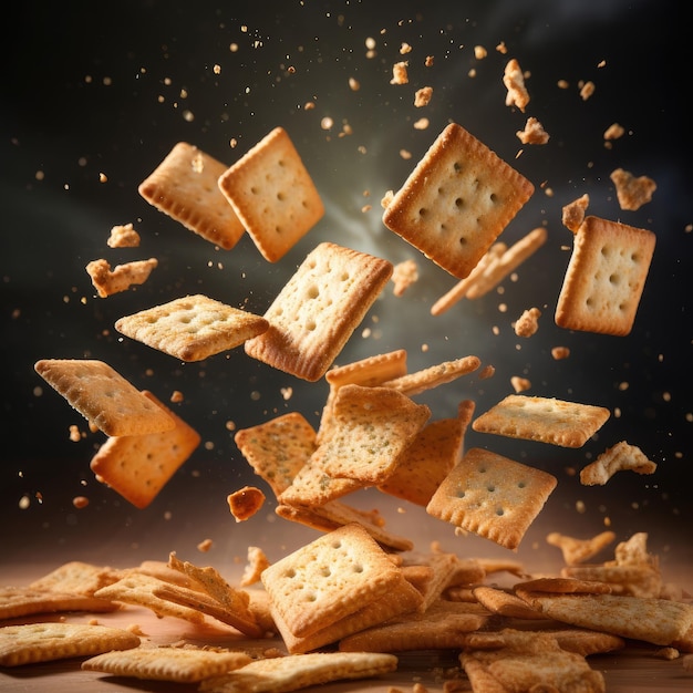 Verse knapperige vliegende gouden crackers op een donkere achtergrond Generatieve AI