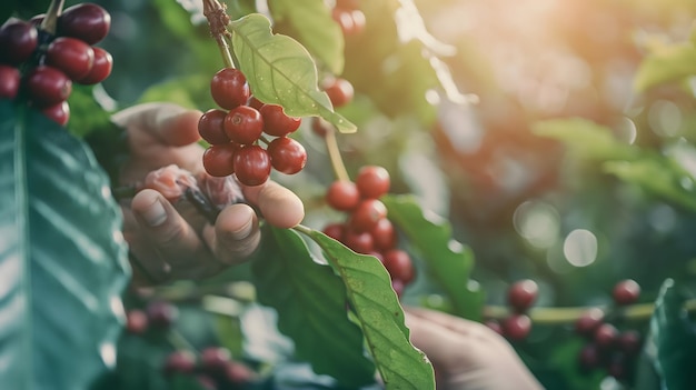 Verse koffiekersen met de hand in het zonlicht oogsten