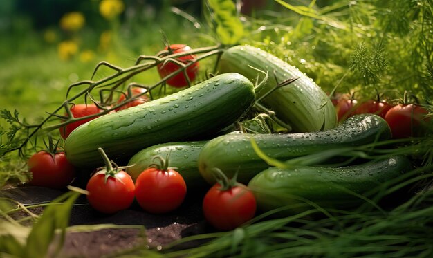 Verse komkommers en tomaten op het gras van de boerderij gemaakt met behulp van generatieve AI-tools