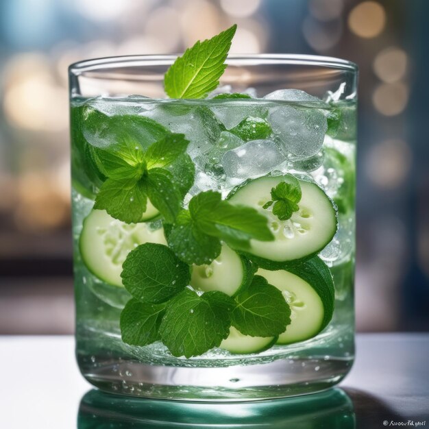 Foto verse koude drank met komkommers en munt geserveerd in een glas met een vervaagde achtergrond in de keuken