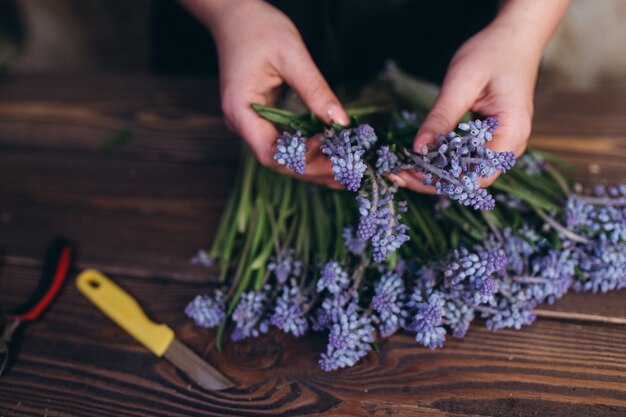 Verse lavendelbloemen in handen van bloemisten