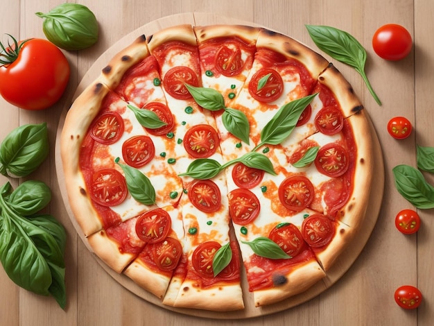 Verse lekkere pizza Margarita en tomaten op houten achtergrond