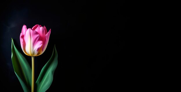 Verse lente gele roze bloemen banner tulp op zwarte vaste achtergrond vrije ruimte voor tekst groene le