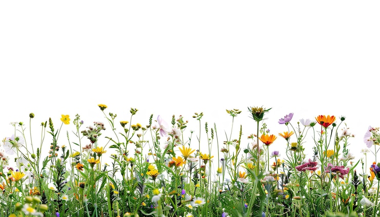Foto verse lente weide en bloemen mockup geïsoleerd op witte achtergrond half horizontale copyspace gebied