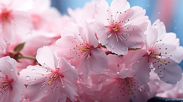 Verse lentebloesems met dauwdruppels op bloemblaadjes in close-up