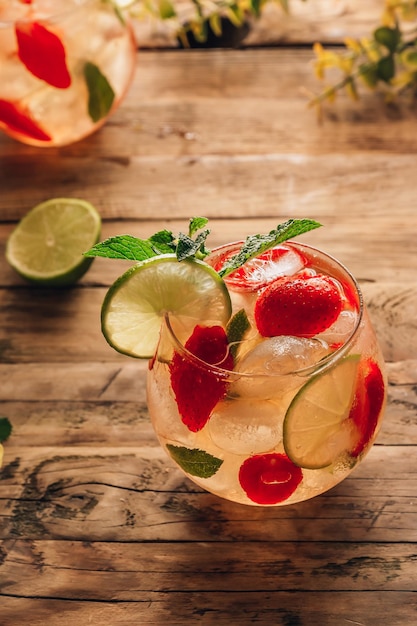 Verse limonade met groene thee limoenmunt en aardbei op houten achtergrond koude zomerdrank twee glazen met bessenijsthee selectieve focus met achtergrondverlichting