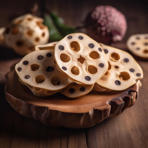 Verse lotuswortel op een houten tafel AI gegenereerde inhoud