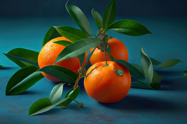 Verse Mandarijnen mandarijn oranje fruit groene blad blauwe achtergrond