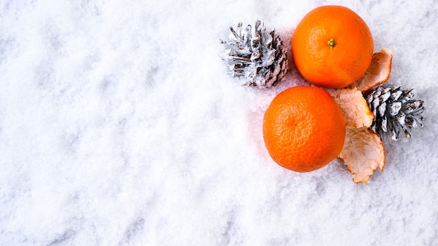 Verse mandarijnen, sinaasappelen, pomelo, kumquat, kinkan op witte sneeuw. Rijpe citrusvruchten achtergrond. Symbool van het nieuwe jaar en Kerstmis. Ruimte kopiëren