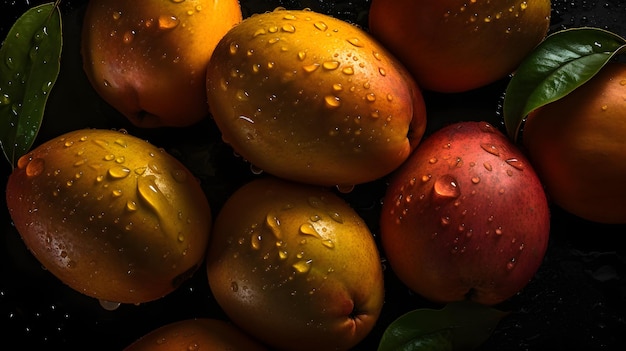 Verse mango met waterspruitjes en druppels op zwarte achtergrond