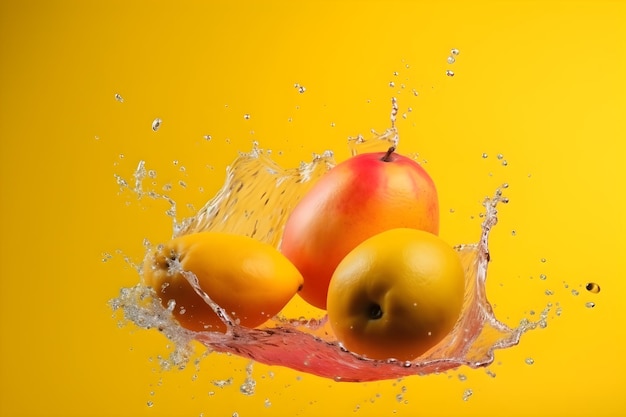 Verse mango's vliegen met waterstralen op een heldere achtergrond