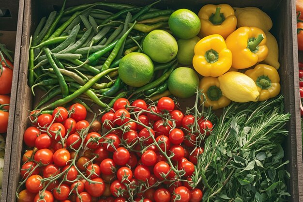 Verse marktproducten tomaten citroen limoen pepers in mand