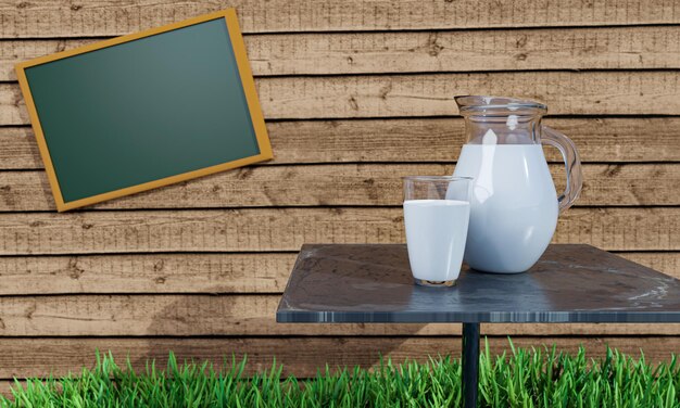 Foto verse melk in helder glas en pot op de marmeren tafel op de achtergrond was een houten plankmuur met een krijtbord voor de notitie op de tekst verse groen gras op de vloer 3d-rendering