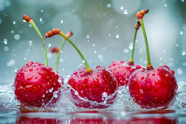 Verse, met dauw bedekte rode kersen met waterdruppels op een wazige achtergrond