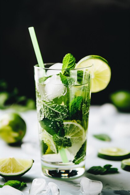 Verse mojito met limoen en munt op donkere achtergrond