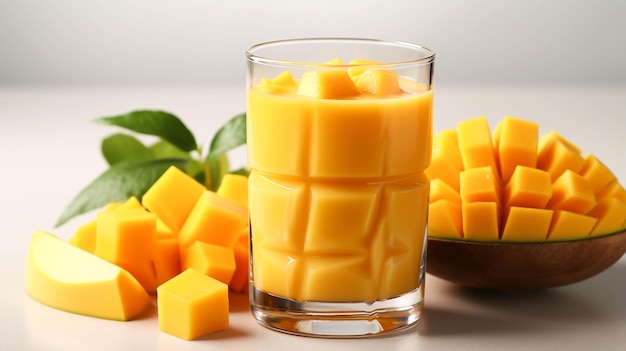 Verse mooie heerlijke mangosap smoothie in glazen beker op witte achtergrond