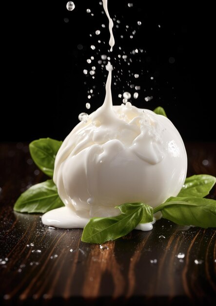 Verse mozzarella kaas op de houten tafel met waterdruppels Generatieve Ai