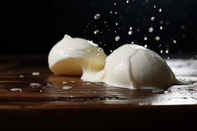 Verse mozzarella kaas op de houten tafel met waterdruppels Generatieve Ai