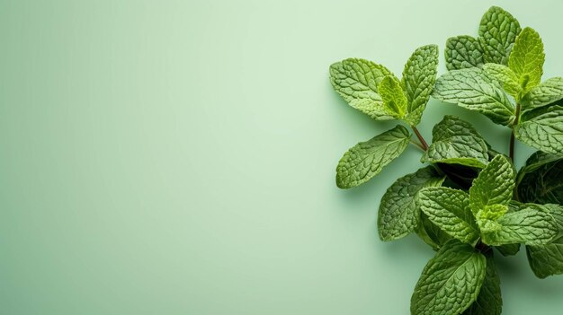 Foto verse muntbladeren aan de rechterkant tegen een lichtgroene achtergrond