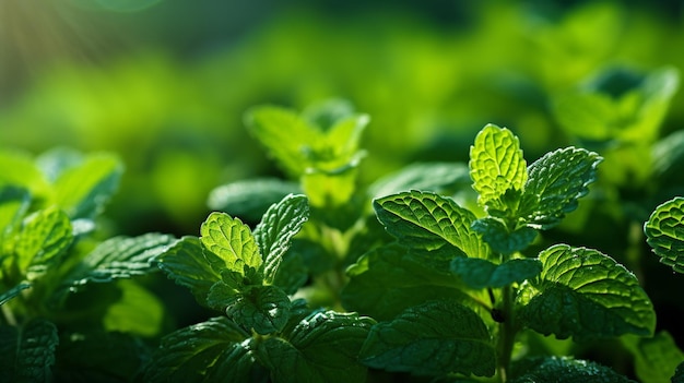 Verse muntplanten die groeien Spice Mint Flora Familie Pepermuntbladeren Kruidengeneeskunde Genereren AI