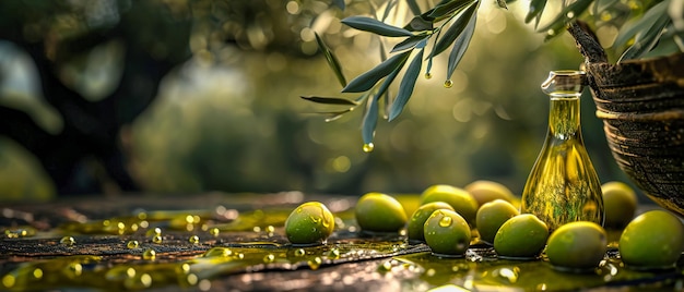 Verse natuurlijke groene olijven op de grond olijftakken bokeh olie zacht licht bij zonsopgang