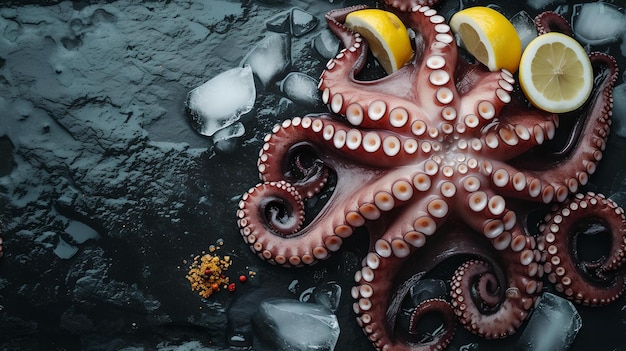 Verse octopus op een donker nat oppervlak met citroensnijden zeevruchten culinaire concept humeurige stijl fotografie met natuurlijke texturen close-up AI