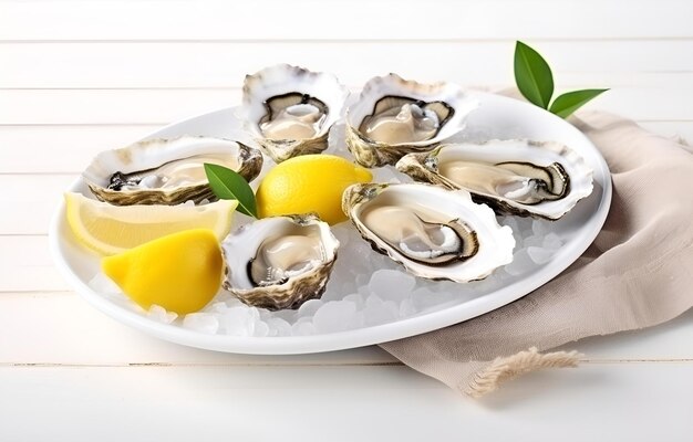 verse oesters in schelpen op witte plaat met plakjes citroen op houten tafel voor voedselkaartontwerp
