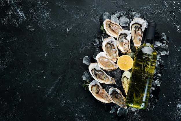 Verse oesters met ijs en witte wijn zeevruchten bovenaanzicht gratis kopieerruimte