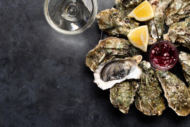 Verse oesters met saus en citroenen