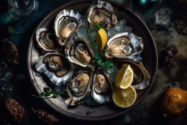 Verse oesters op een bord met ijs en citroen Oesters serveren in een restaurant Generatieve AI