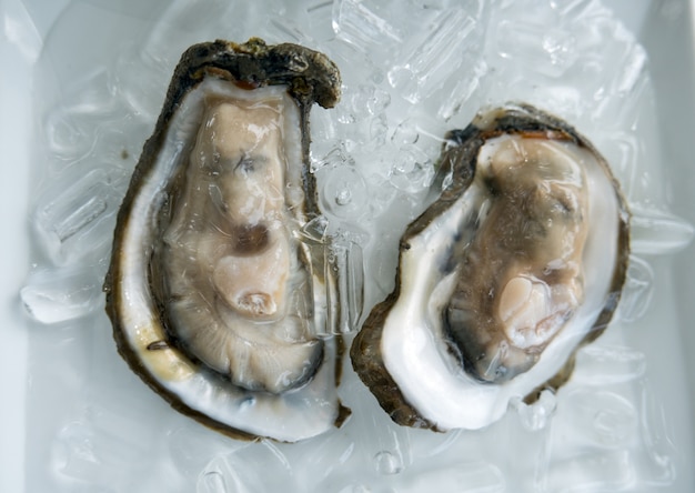 verse oesters op ijs bovenaanzicht om te dineren, zeevruchten