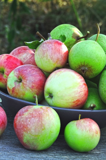 Verse oogst van appels en peren op een houten achtergrond.