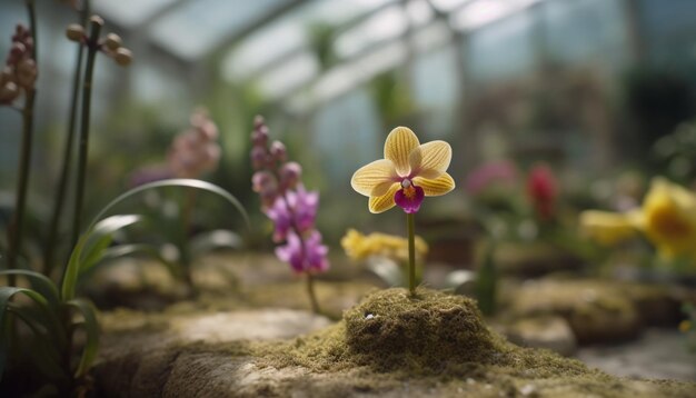 Verse orchideebloesem in kasschoonheid in de natuur gegenereerd door kunstmatige intelligentie