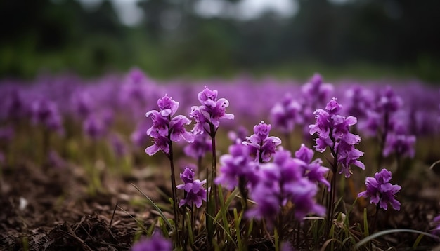 Verse paarse wilde bloemen bloeien in weidelandschap gegenereerd door kunstmatige intelligentie