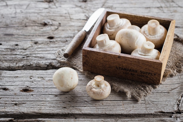 Verse paddestoelenchampignons in doos op een houten oude achtergrond. Ruimte kopiëren