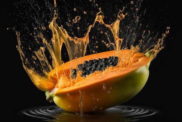 Verse papaya met waterplons geïsoleerd op zwarte achtergrond generatieve ai