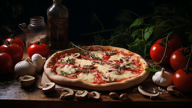 Verse pizza met kaas, champignons, tomaten en basilicumblad op houten tafel