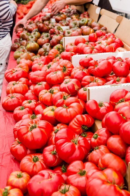 Verse producten op de boerenmarkt in de vroege zomer.