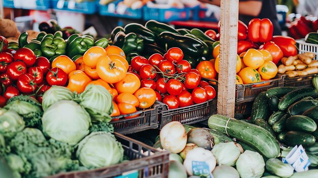 Verse producten op een boerenmarkt De levendige kleuren van de vruchten en groenten geven een gevoel van overvloed en verscheidenheid