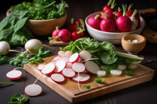 Verse radijs in plakjes gesneden en gecombineerd met andere verse ingrediënten voor een eenvoudige maar smaakvolle salade