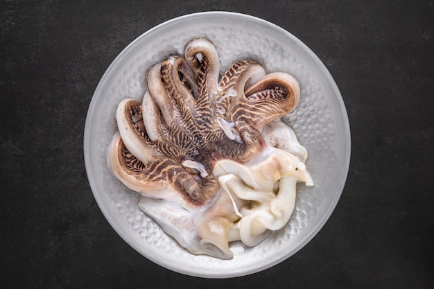 Verse rauwe octopus in metalen plaat op donkergrijze textuurachtergrond