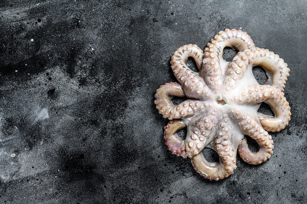 Verse rauwe octopus op tafel. zwart oppervlak. bovenaanzicht. kopieer ruimte