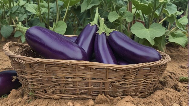 Verse rauwe paarse aubergine in een wicker mand ai Foto