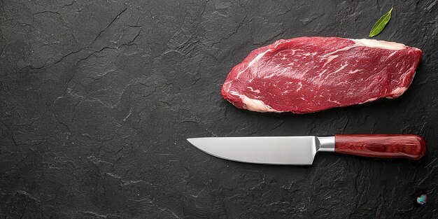 Verse rauwe steak met een scherp mes op een donker stenen oppervlak.
