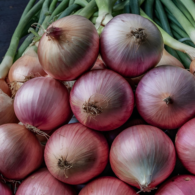 Verse reusachtige uien creëren een levendige tentoonstelling op de markt