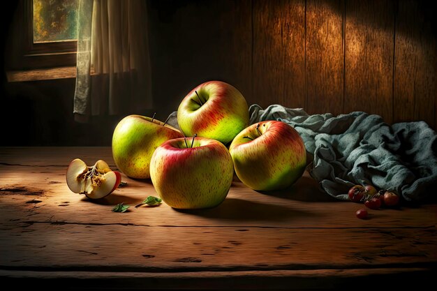 Foto verse rijpe appels liggend op donkere houten tafel in de keuken
