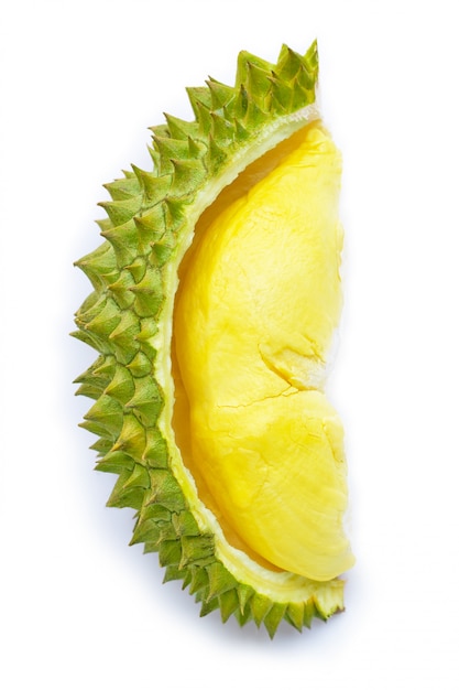 Verse rijpe besnoeiings durian op wit.