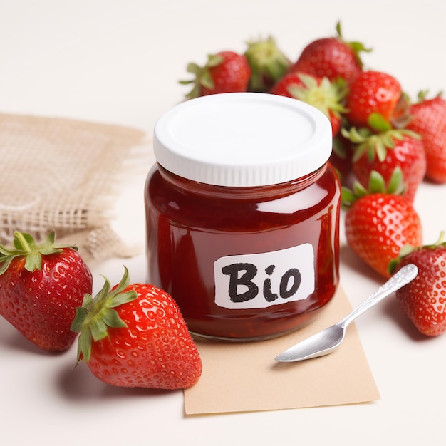 Verse rijpe rode aardbeien en aardbeienjam in een pot woord BIO Natuurlijke gezonde producten