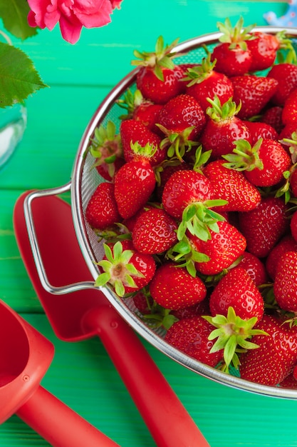 Verse rijpe rode aardbeien op de lijst van de tuin